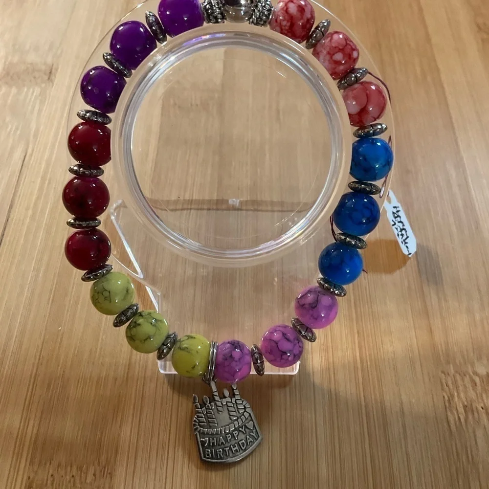 Hand Crafted Charm Bracelet Happy Birthday Pink Blue Yellow Red Amethyst Silver